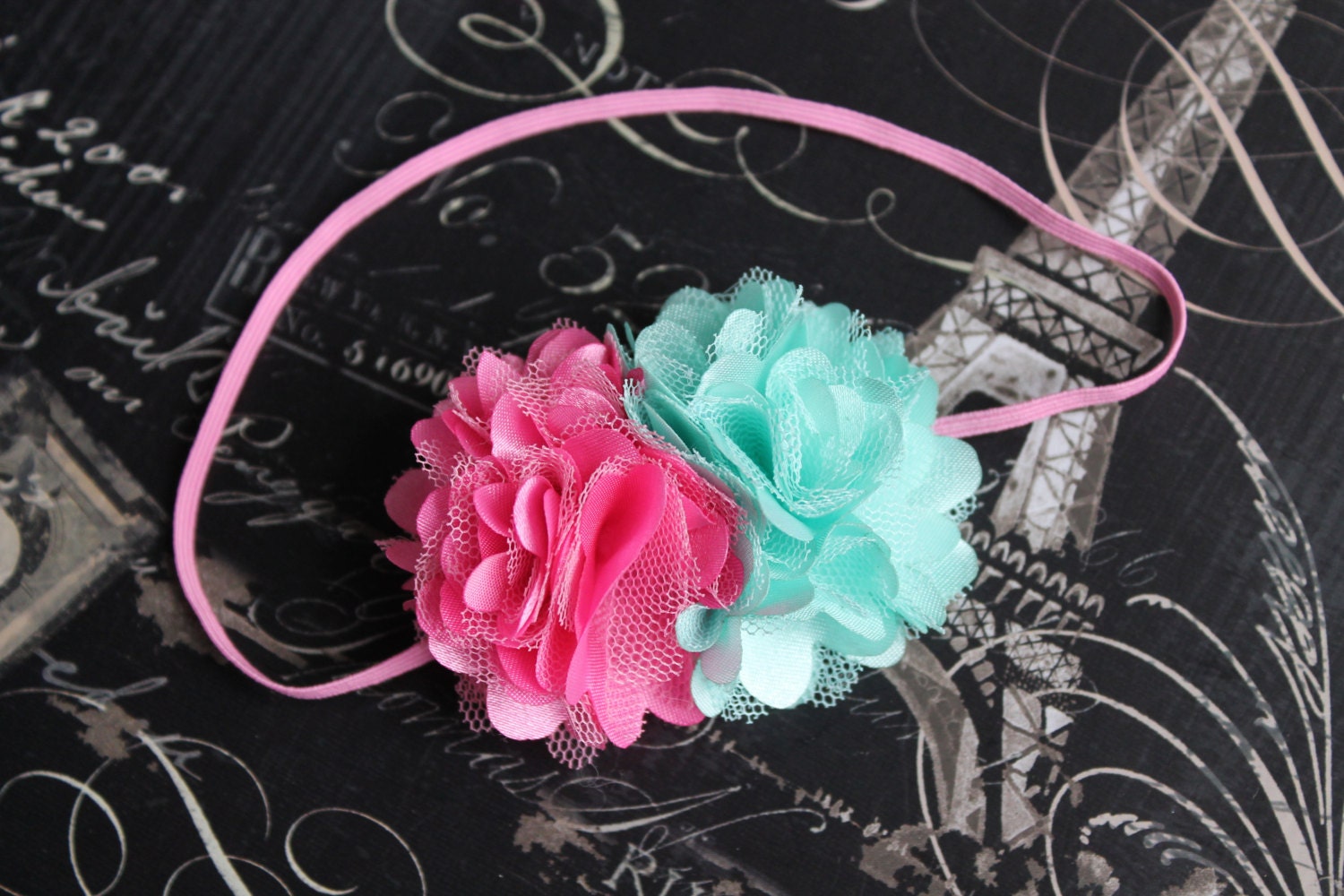 Pink and Aqua Double Mini Mesh Flower Headband - Newborn Headband - Girls Headband - Photography Prop