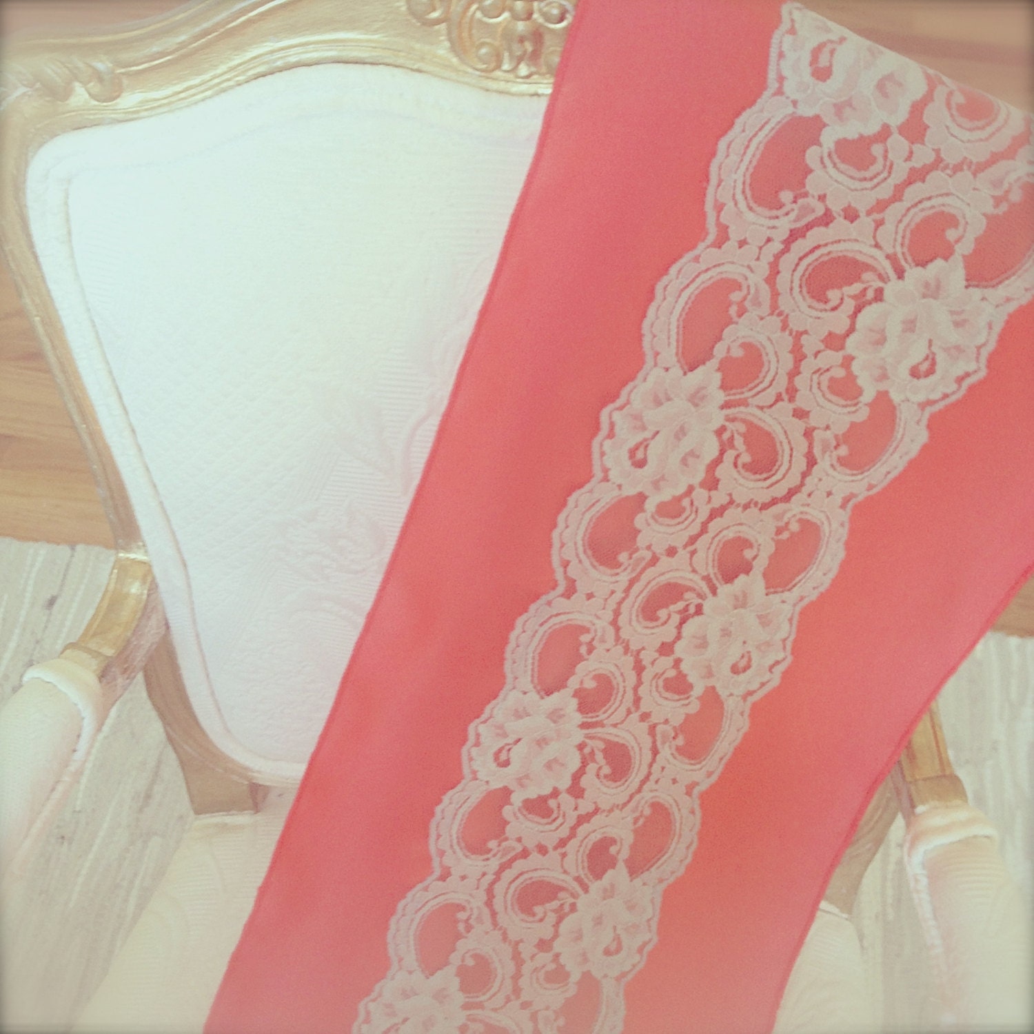 Vintage Antique Grey Lace, Coral Fabric Runner, Salmon, Table Runners 12"x108".  Beach, Shabby Chic, Vintage, Baby Shower, Wedding,