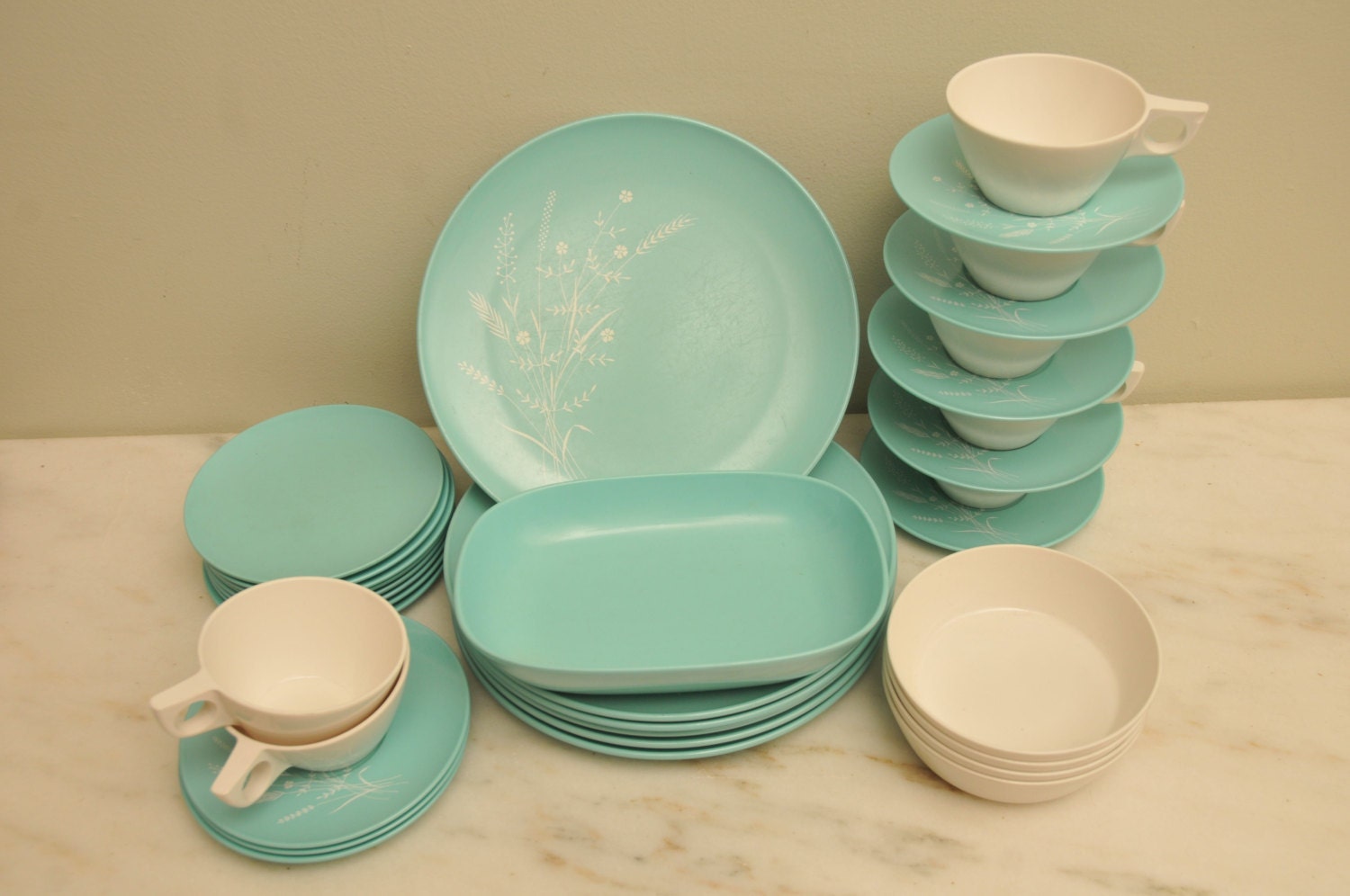 Vintage Texasware LOT of 37 Dinnerware Turquoise Dinner Plates Bowls Teacups Saucers Whte Flowers 1950s