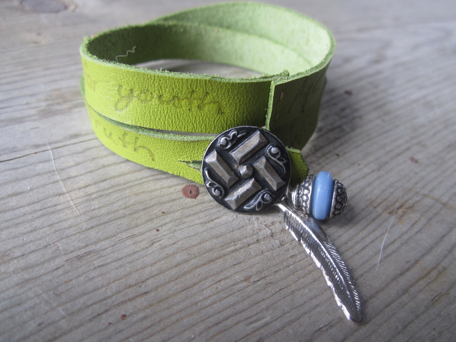 Vampire Weekend Step Lyrics Bracelet - Leather double wrap bracelet with vintage button and charms -