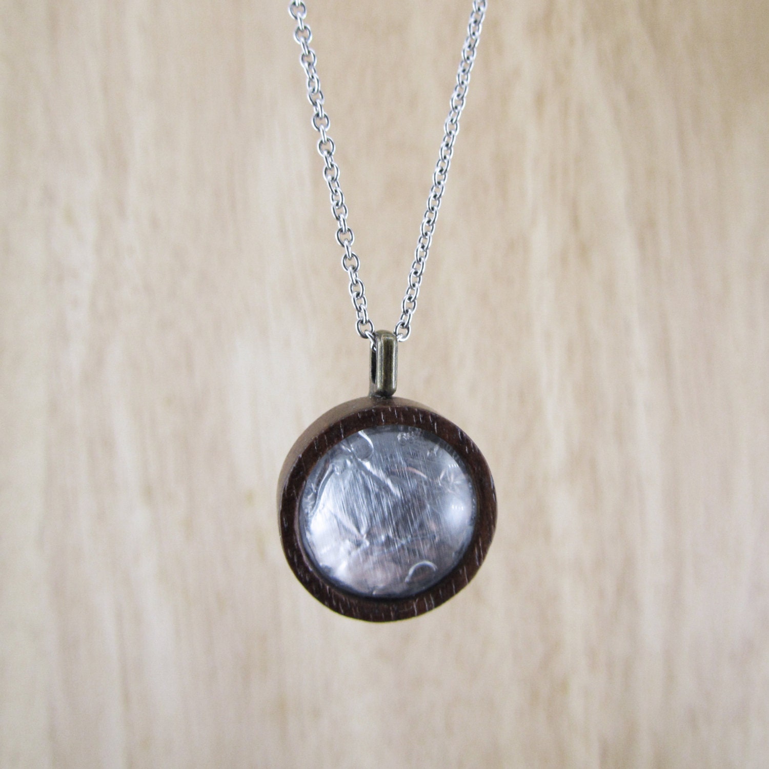 Silver Foil Necklace, Walnut Pendant & Steel Chain