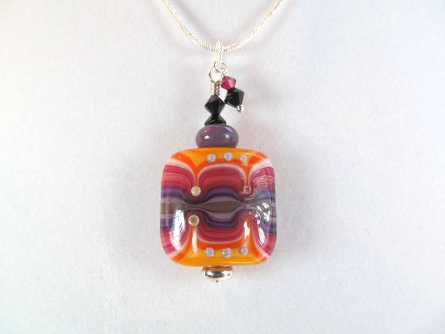 Lampwork necklace square multi color, crystals, bead by Micha Silbeads
