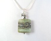 Lampwork necklace square green bead, crystals, bead by Friskey Lampwork