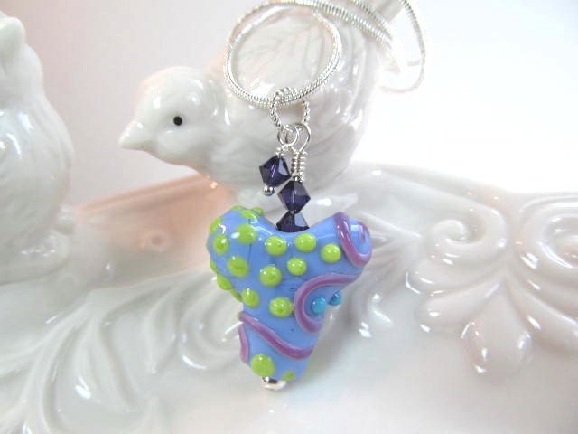 Necklace lampwork heart in blue, purple, green, with crystals, bead by Desert Bug Lampwork