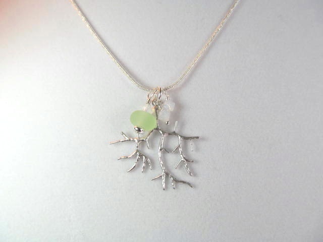 necklace branch charm silver tone, small green lampwork bead, crystals