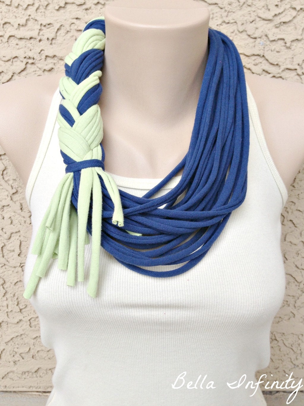 Bella Infinity Braided Scarf Navy Mint Green Up-Cycled Jersey Fabric Boho Chic