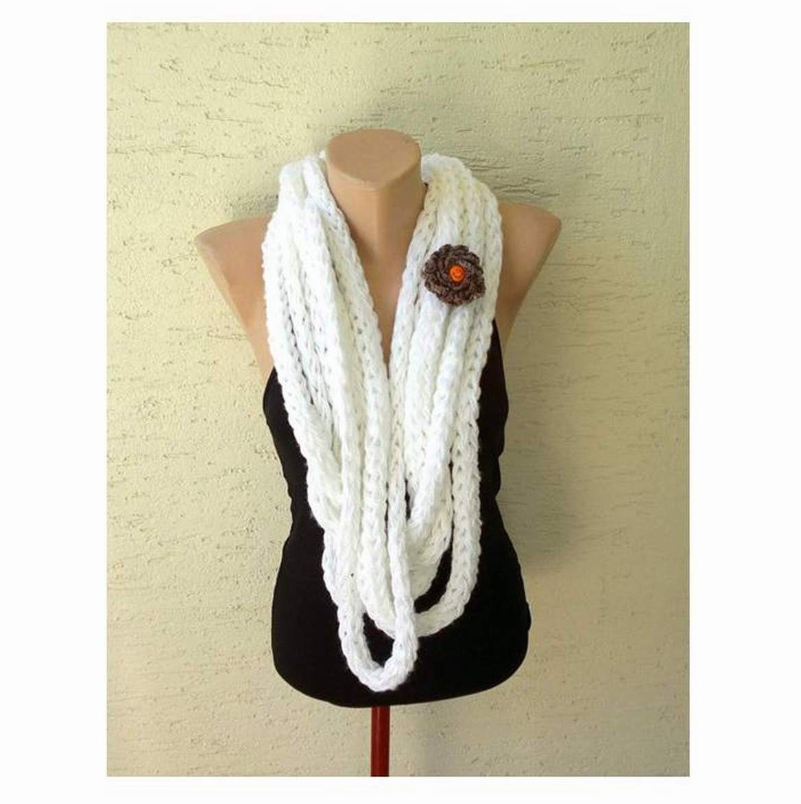 Finger knitting circle scarf, neck warmer  with a flower brooch, white, gift for her, mothers day gift