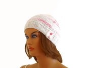 Knitting women beret, pink striped, white, gift for her, spring fashion