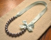 Mini Lily: Beautiful Little Girl Pearl Necklace - Gray Pearls with Mint Ribbon