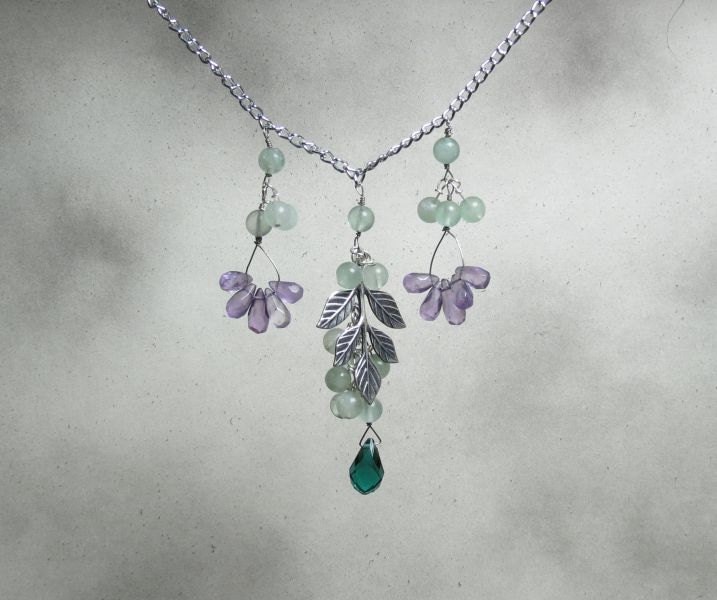 Amethyst Blossoms necklace. Amethyst, fluorite, and quartz. NECK-011