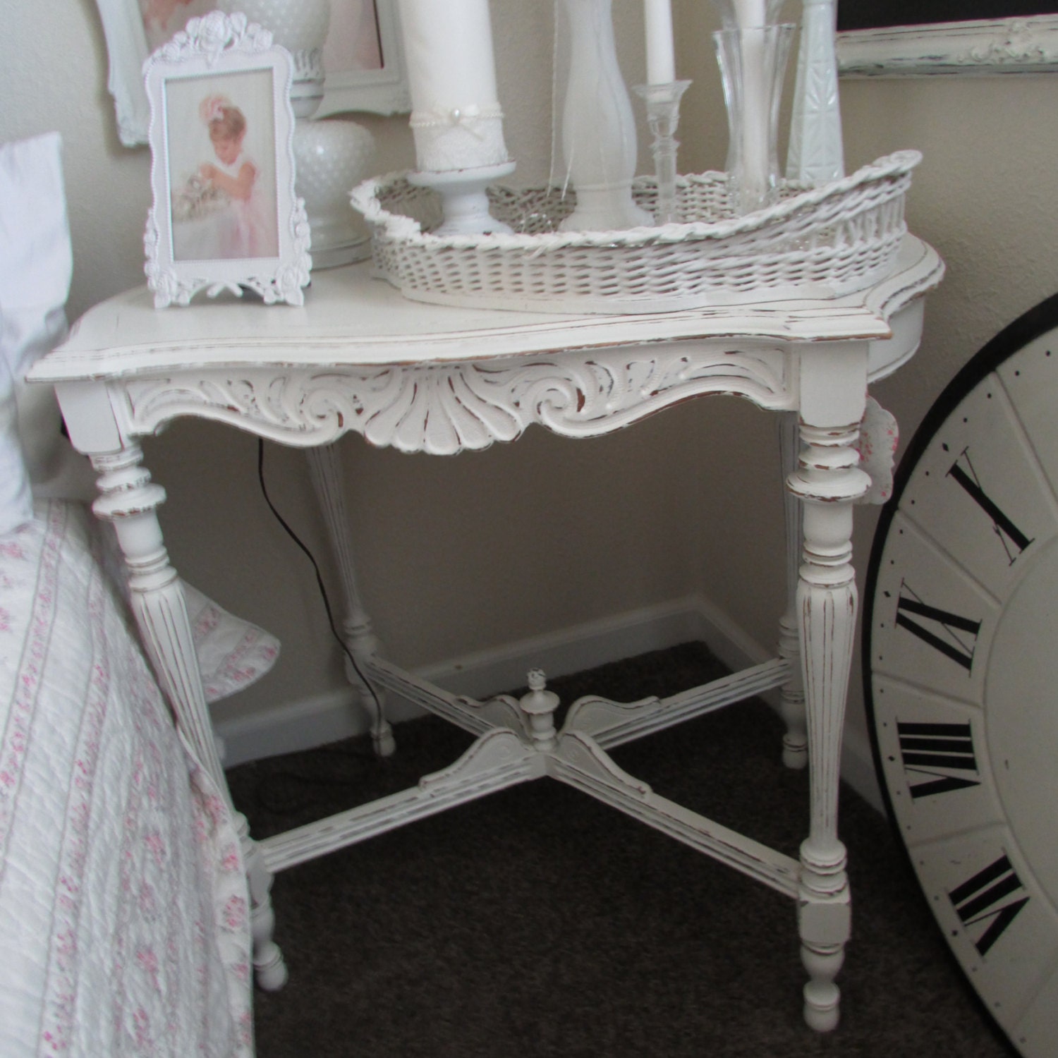 Exquisite Vintage Antique Ornate Side Table Night Stand Oh So Shabby Chic Loaded with tons of Cottage Charm