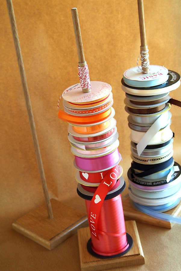 Set of 3 Tower Ribbon Holders: Beautiful Handcrafted Ribbon Organizers, Solid Oak Heirloom Wood, Great for Crafting
