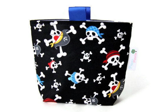 Reusable Snack Bag, Eco Friendly, Gusset and Finger Tabs, Pirates, Black, Skulls, Crossbones, Jolly Roger, Blue, Monkey's Bizness Fabric
