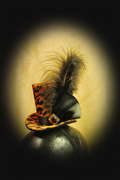 Burlesque, Gothic, Steampunk, Victorian, Showgirl, Mad Hatter, Animal Print Mini Top Hat / headband, black feather