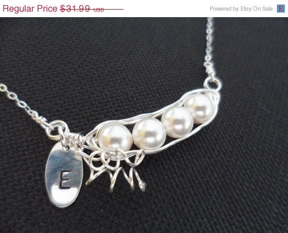 FOUR Peas in a Pod, Personalized Initial, Herringbone, Swarovski Pearl, Sterling Silver Necklace, Bridesmaids Gifts, Flower Girl Gifts
