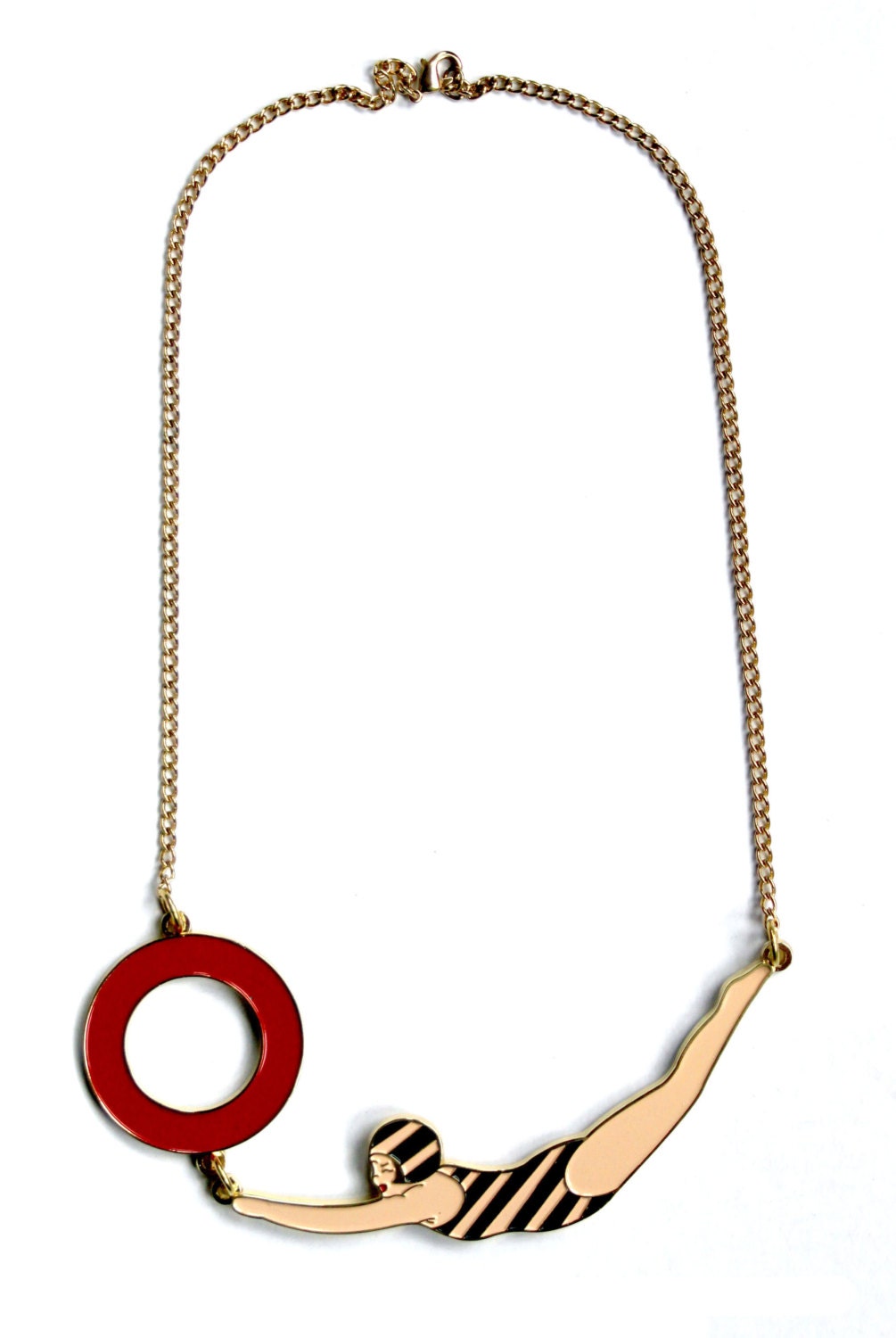 Swimming Pool Art Deco Swimmer Enamel and Gold Plated Necklace