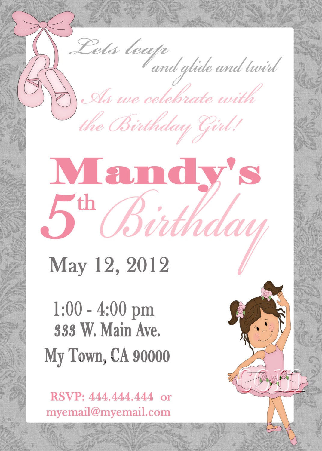 Ballet Dancer Pink Ballerina Tutu Invitation Recial Invitations diy Printable Pink and Gray custom order