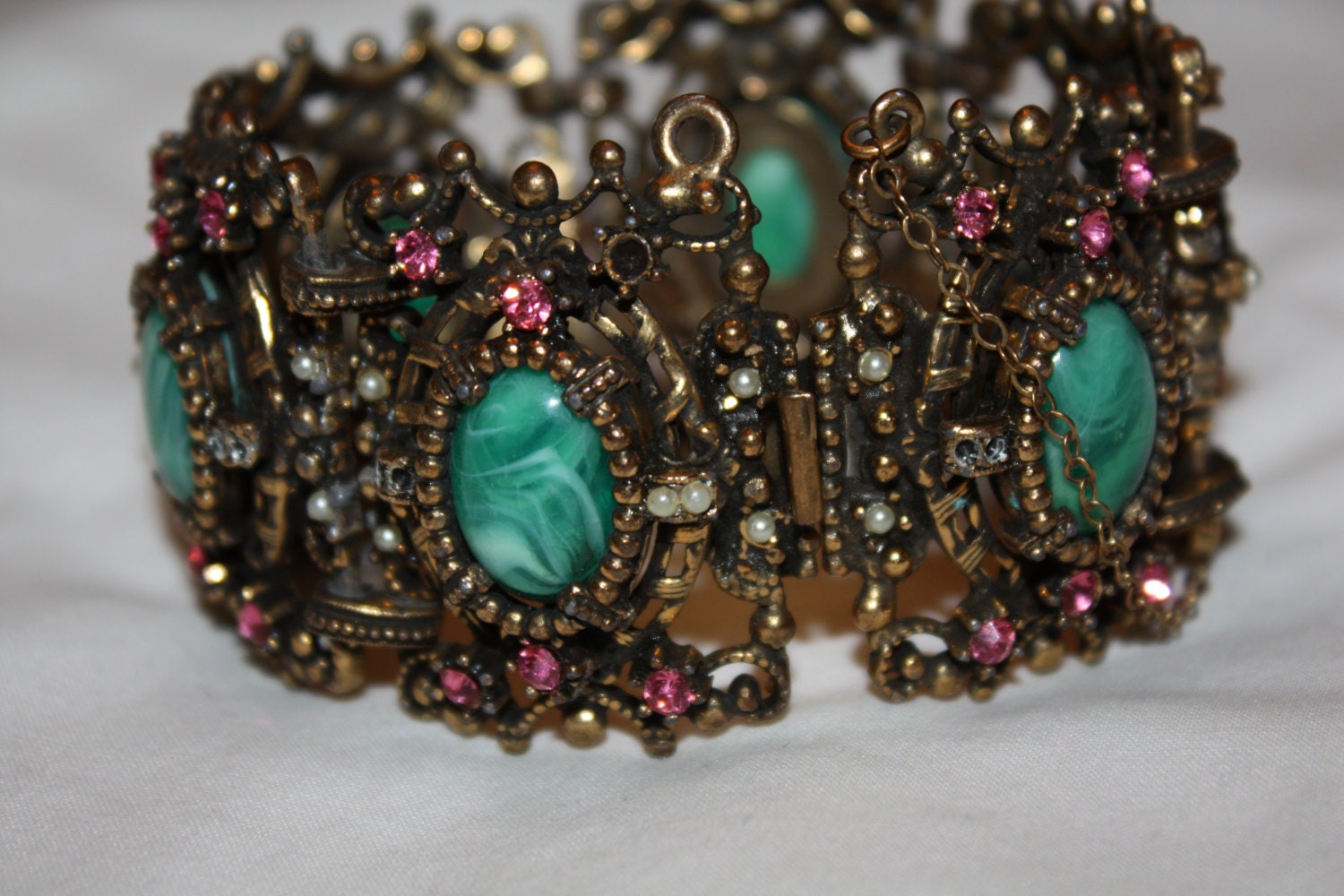 Czech Bracelet Art Deco Green Glass Rhinestone Wide Chunky 1920s Jewelry