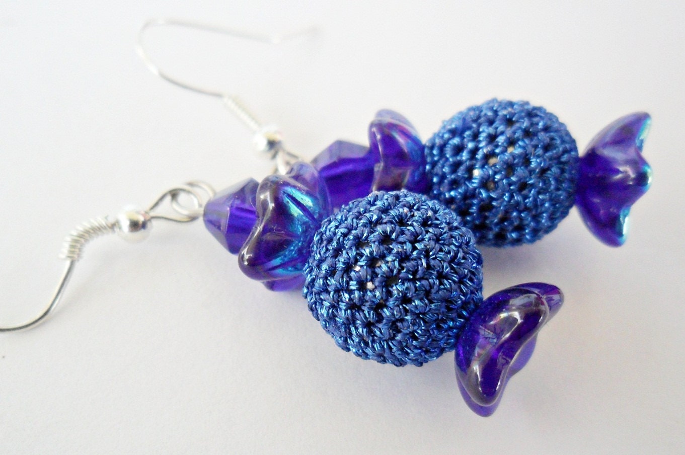 Free shipping - Saxe Blue Crocheted Bead Earrings