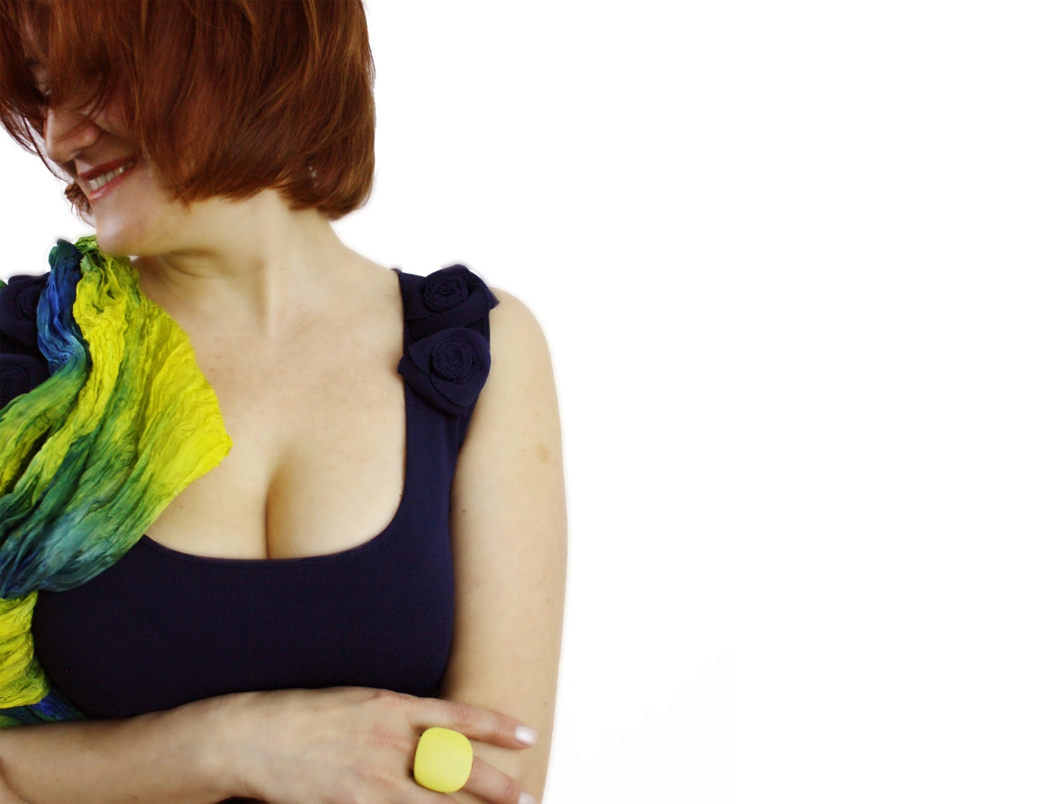 May Field -  yellow, green, chartreuse, blue, sky blue silk scarf.