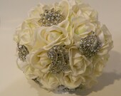 White Jeweled Bouquet roses bling brooches Real Touch Flowers Vintage style Jewelled Brooch bouquet Bridal Alternative destination wedding
