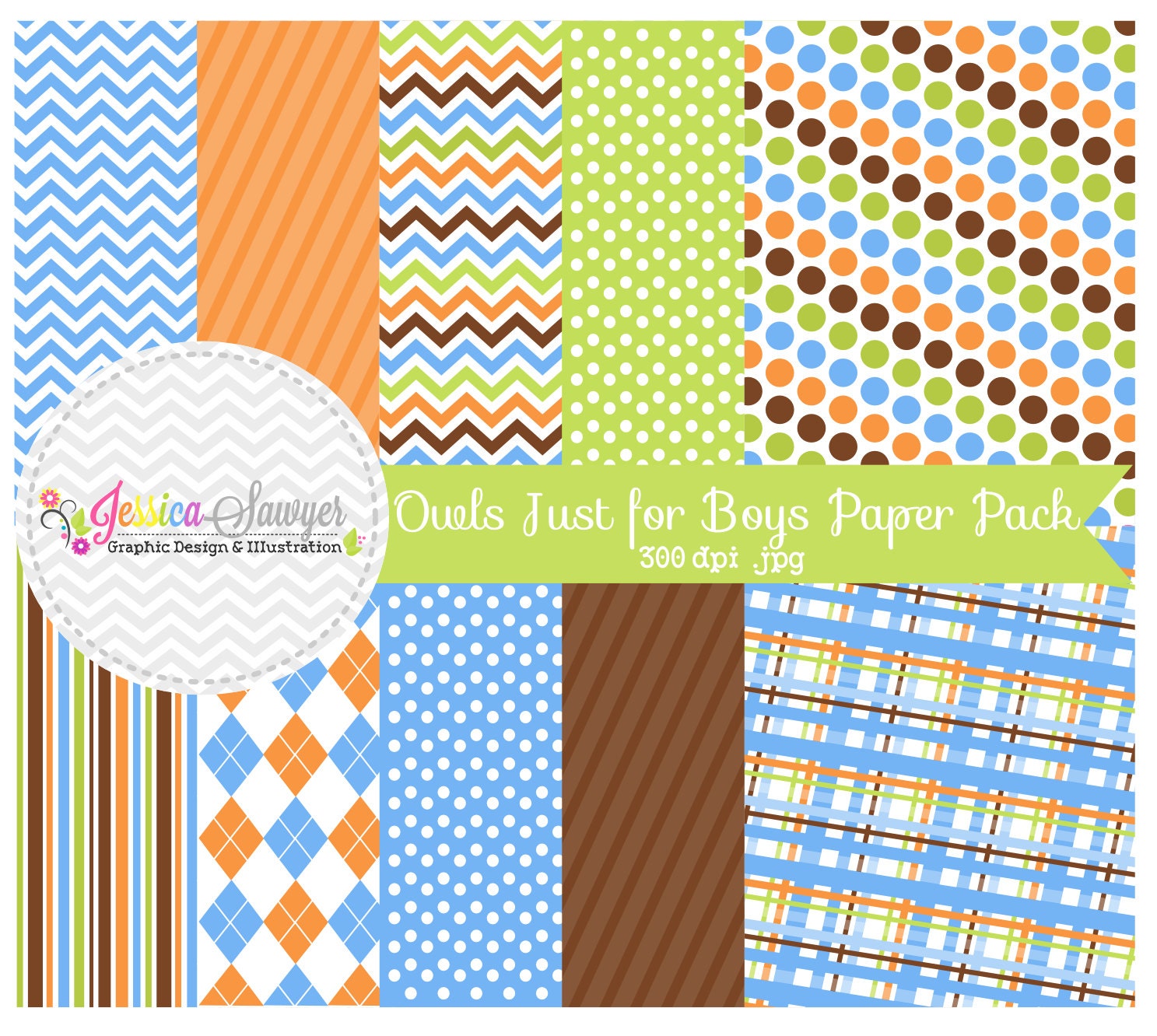 INSTANT DOWNLOAD boy owl digital paper, blue and green, printable background, commercial use, chevron paper Il_170x135