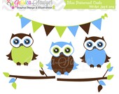 CLEARANCE - owl clip art, blue patterned owl clipart, bunting banner, branches for bottle caps, invitations, announcements instant download Il_170x135