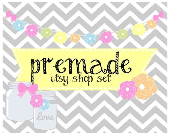 Premade etsy shop set, mini, vintage mason jars, business card, banner, graphic design, avatar, branding Il_570xn