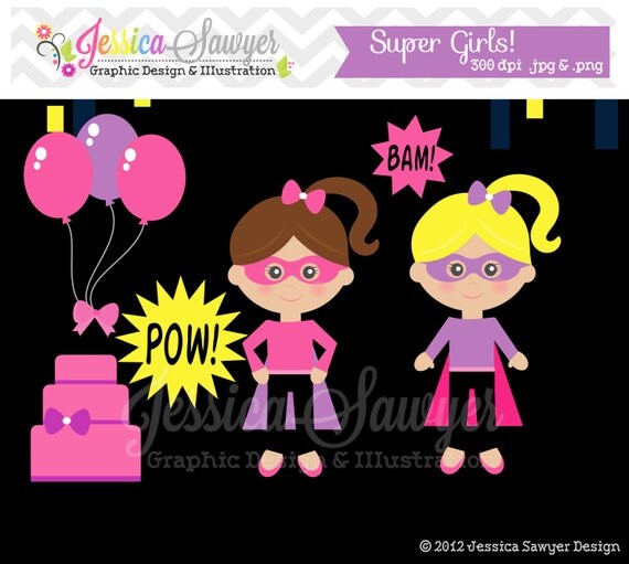 INSTANT DOWNLOAD girls super hero birthday clip art for personal and commercial use, scrapbooking, blog design Il_570xn