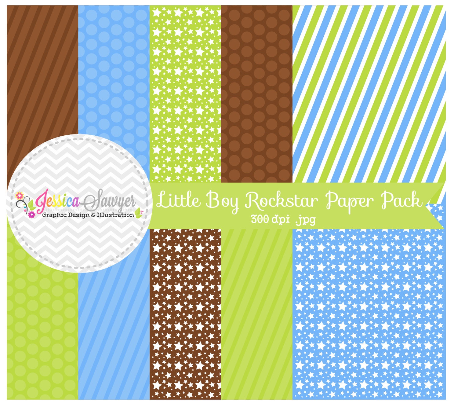 INSTANT DOWNLOAD rockstar digital paper - boy printable paper pack - stripe background - blue polka dot - striped papers Il_570xn