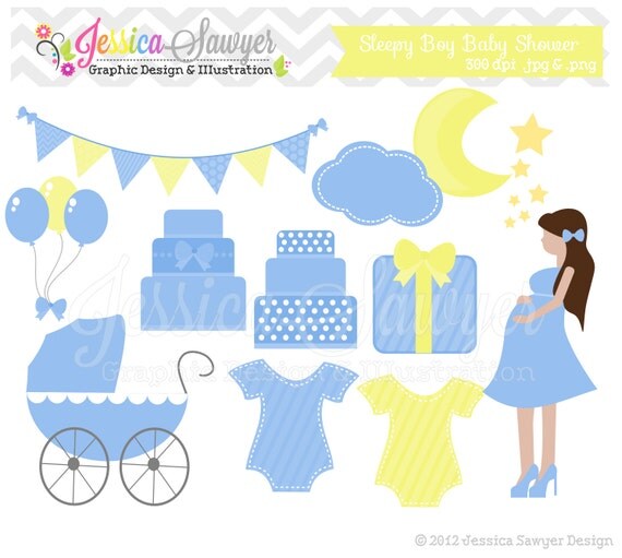 CLEARANCE - Baby boy shower clipart - cake - moon and stars - bunting banner - patterned- commercial use - image - graphic instant download Il_570xn