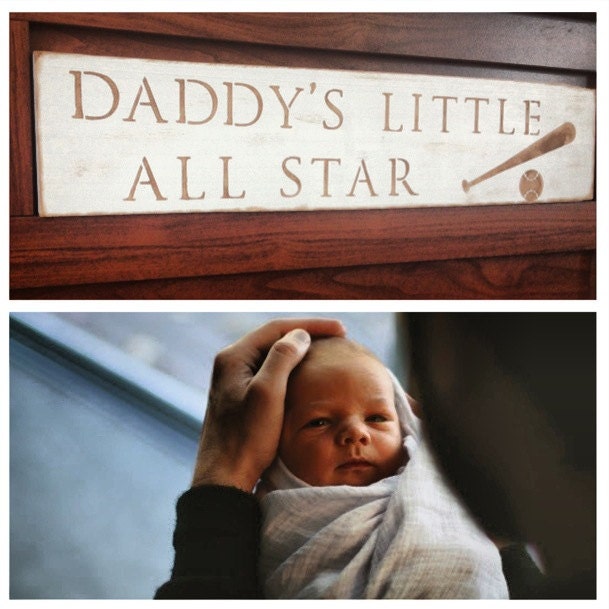 Daddy's Little All Star Nursery Sports Baseball Boy Ball Bat Sign Wall Rustic Decor gift present shower baby blue brown
