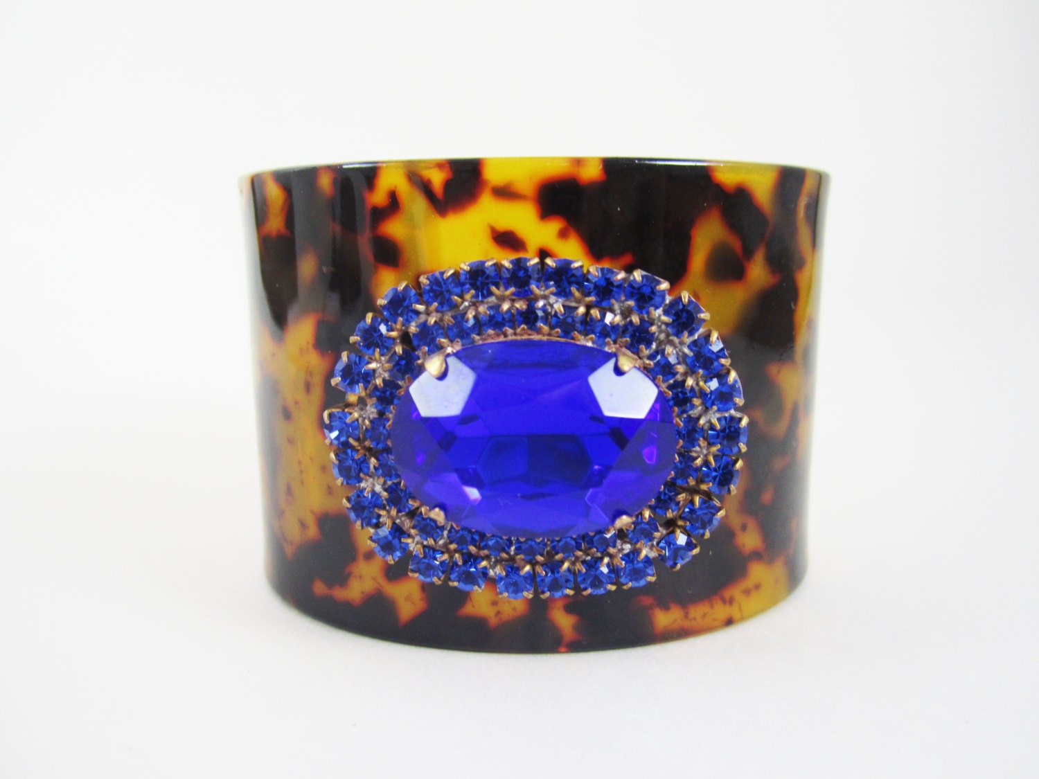 One Of A Kind Love Obsessed Design - Tortoise Cuff with Vintage Pastel Rhinestone Center - OOAK