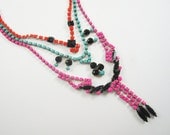 Vintage 1950s One Of A Kind Hand Painted 3 Strand Bold Neon Pink Red and Turquoise Rhinestone Necklace - OOAK