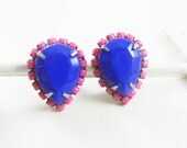 The Penny Earrings - Hand Painted Fucshia and Sapphire Tear drop Rhinestone Earrings - OOAK