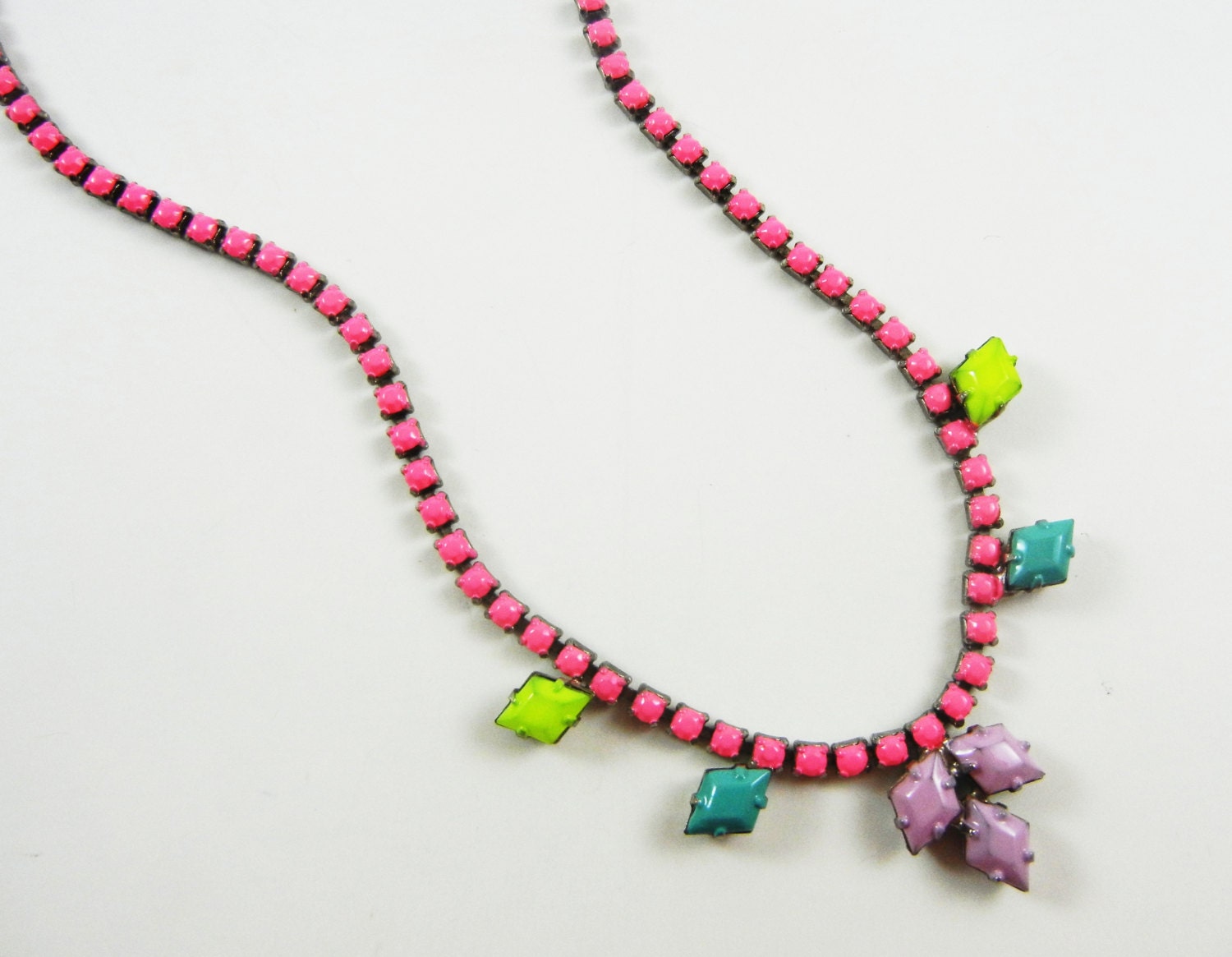 The Arika Necklace - Hand Painted Vintages 1950s Rhinestone Necklace - Neon Pink Yellow Turquoise