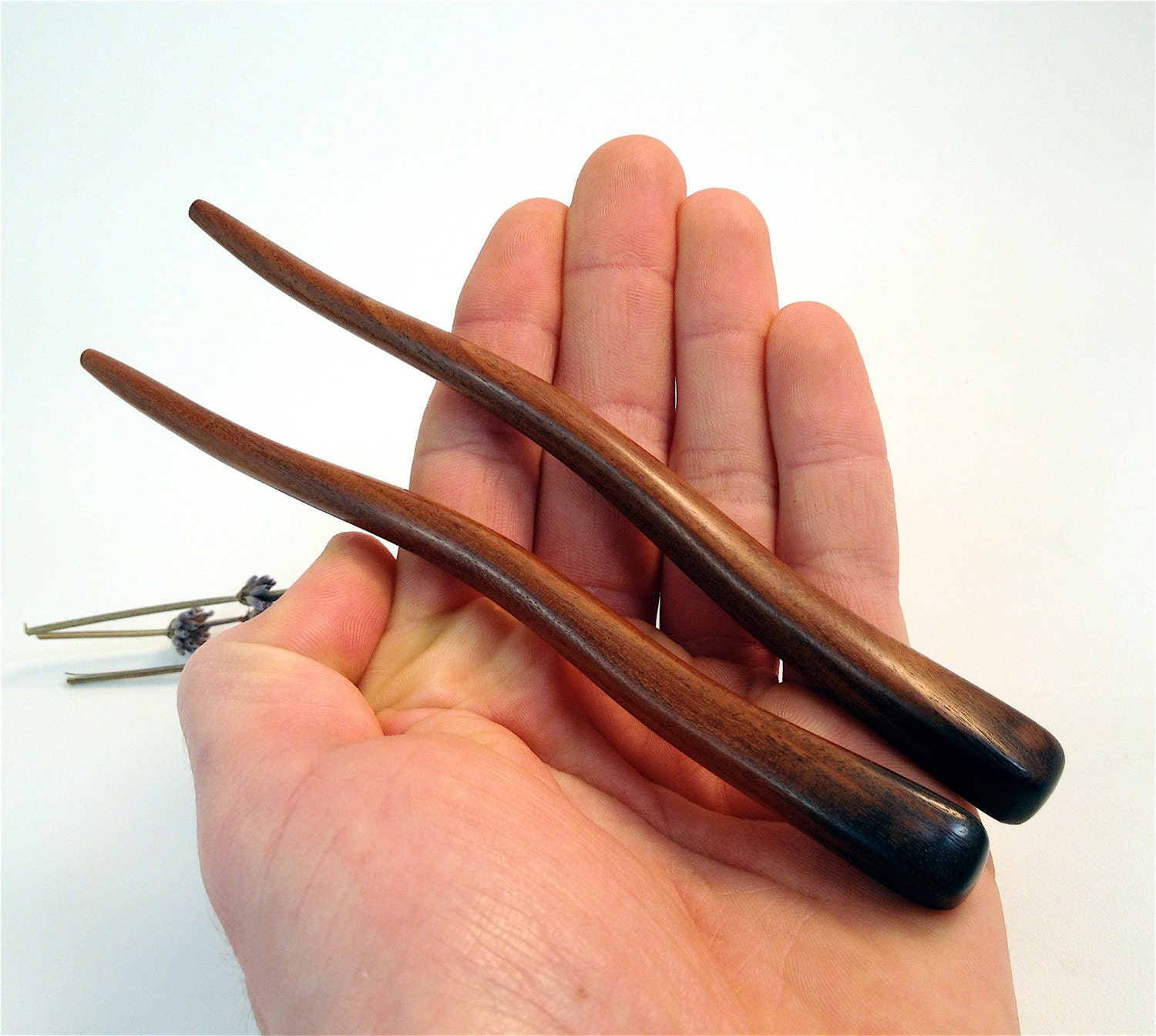 Hand carved short spiral wooden hair sticks/pins, reclaimed Ipe wood