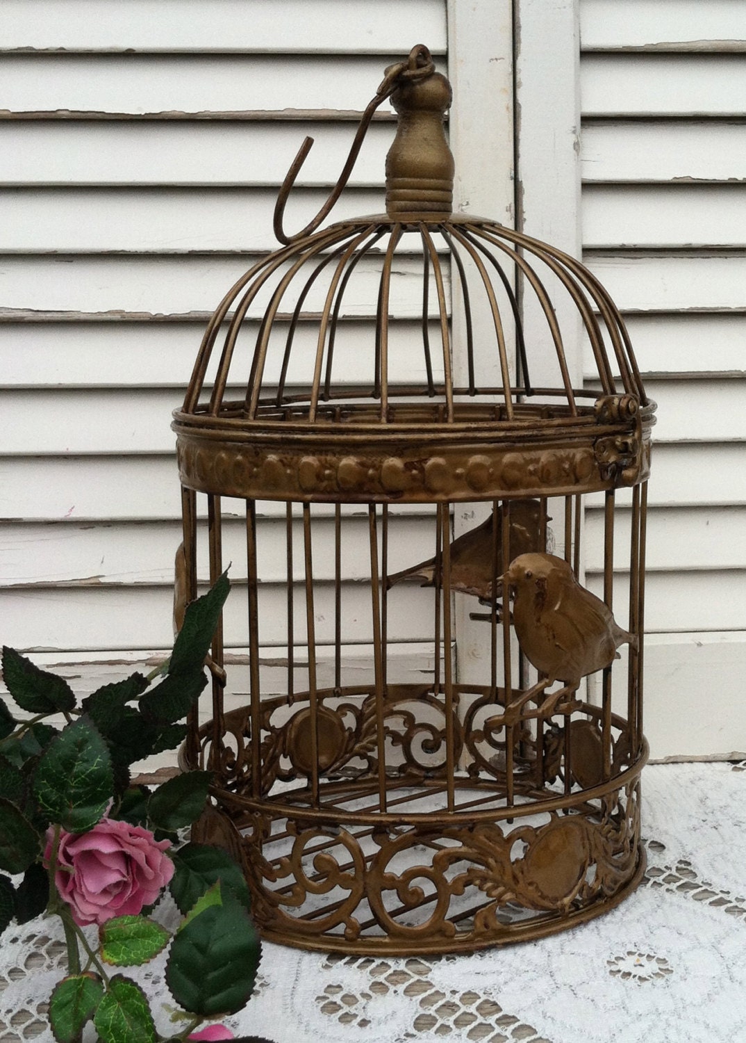 Gold Toned Round Bird Cage  / 13" Sitting / Metal Birdcage / Wedding Decor