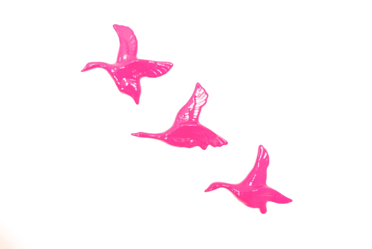 Neon Pink Flying Ducks set of three vintage ceramic wall decor painted modern