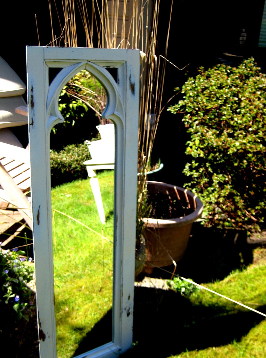 Vintage gothic style wood framed mirror, Antique White chippy paint, painted and distressed cottage decor