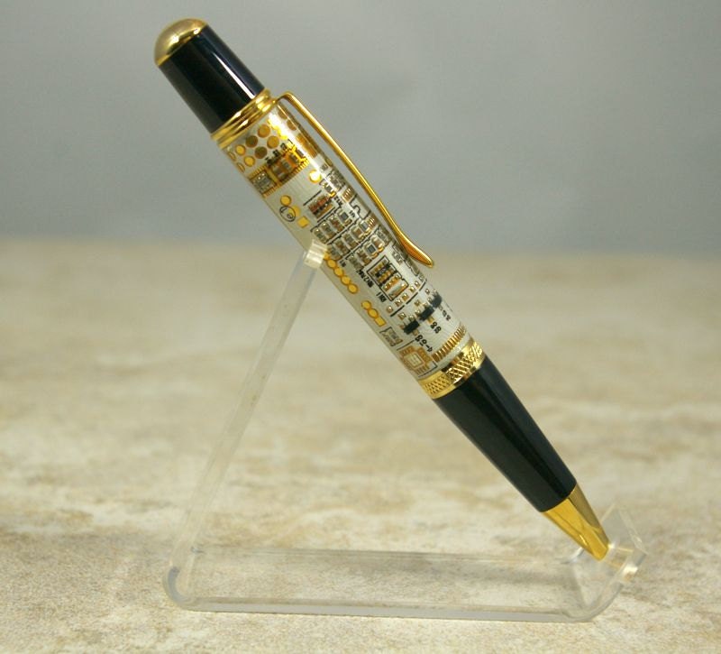 Graduation gift Pen Hand Turned White Circuit board Gold Sierra Vista style twist ballpoint pen.