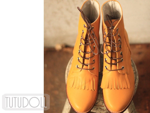 Yellow Vintage Inspired Fashion Handmade Handcrafted  Leather Shoes Oxford Brogue Monk Boots