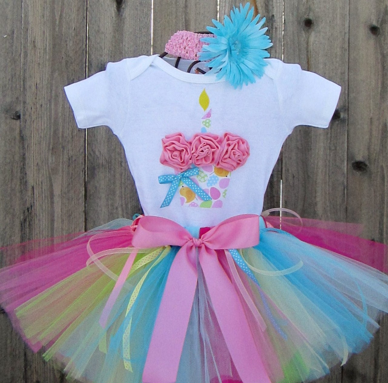 HAPPY CHICK BIRTHDAY  - 3D Cupcake 1st Birthday Set Includes Tutu, 3D Cupcake Onesie and Free (1) Flower Headband- 1st 2nd 3rd 4th 5th bday