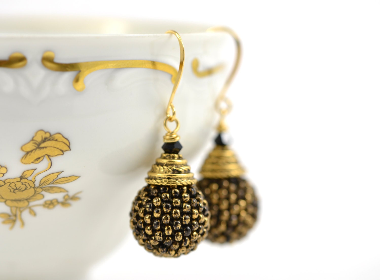Beaded Bead Gold plated 22K earrings "Black gold" 24K Gilded Marble Black seed beads Minimalist Modern Beadwork  Jewelry