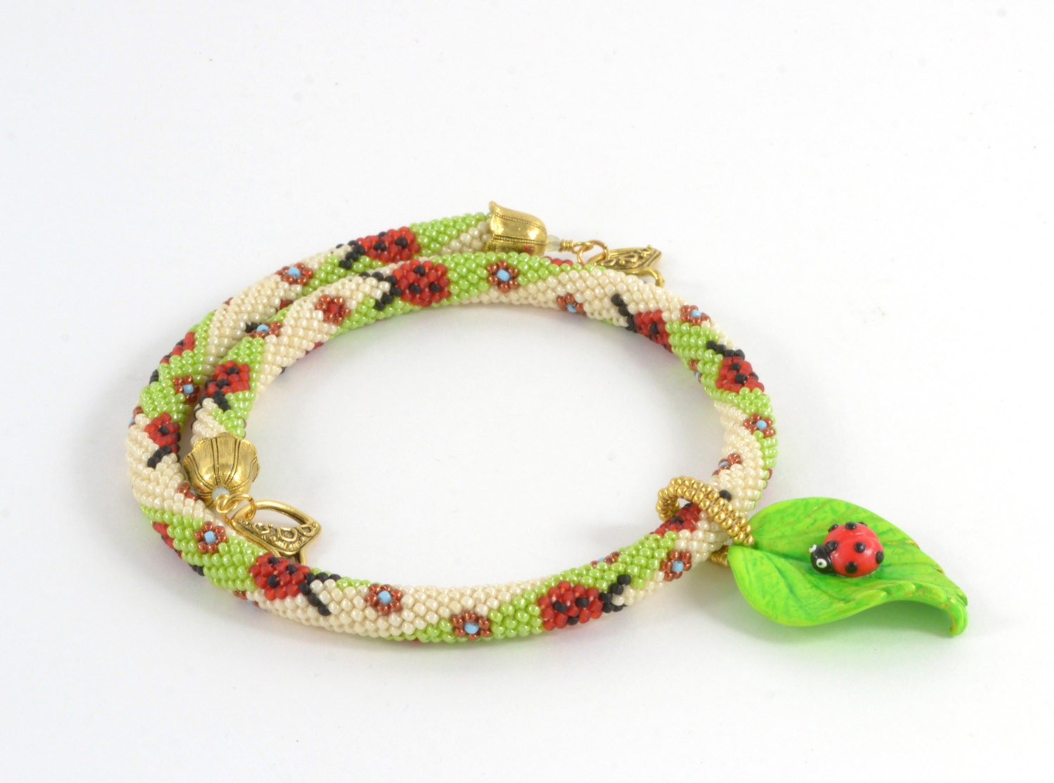 Bead Crochet Necklace  "Ladybug"  White  Green  Red  Summer  Polymer clay  Beadwork Jewelry  Boho Hippie  Made to order