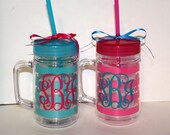 Personalized 22oz Double Wall Acrylic Mason Jar Tumbler with lid and straw - Pink or Turquoise Stripes