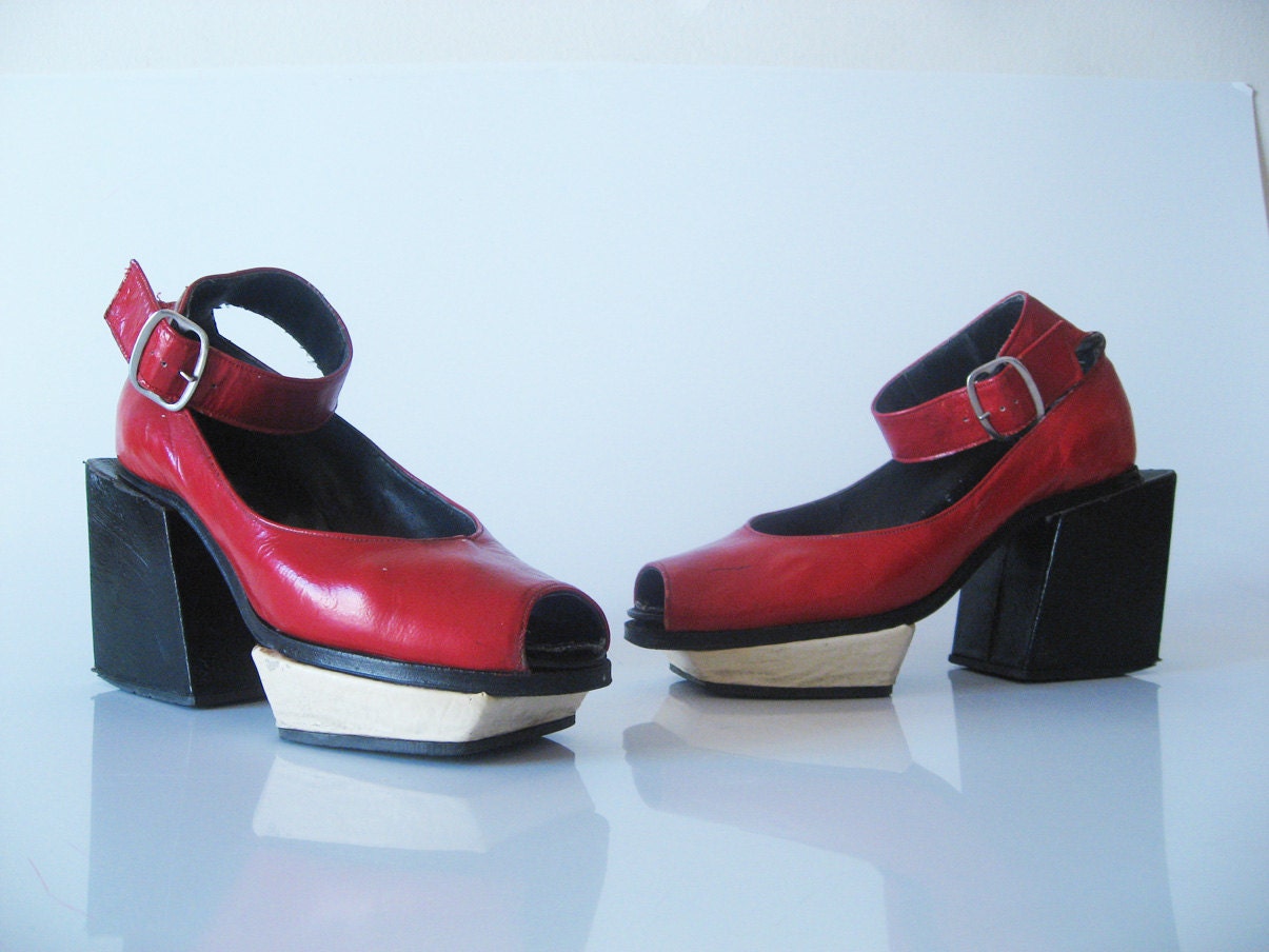 Statement Stunning Red Platform Peep Toe Shoes. Awesome. Rare. One of a Kind.