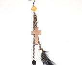 single earring - long dangle - wooden cross - coyote tooth - black skull