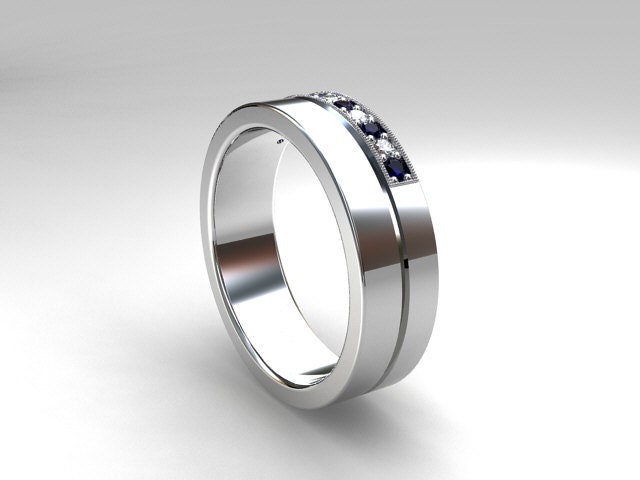 Blue sapphire ring, Diamond, Palladium, wedding band, mens ring, blue wedding, commitment, mens wedding ring, rings for men