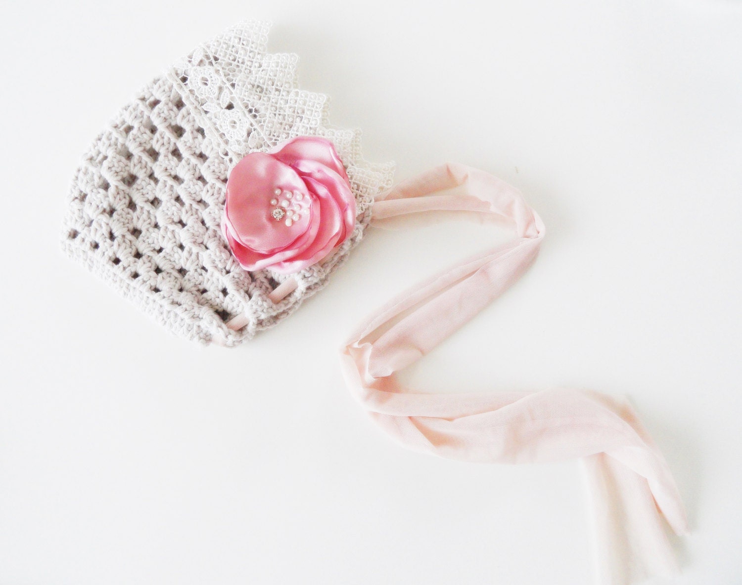 easter hat Pixie Bonnet Newborn Photo Prop Baby Hat with Lace and Flower cream ecru tan kids clothing spring celebration